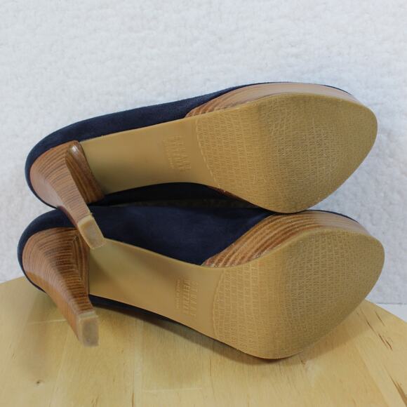 Stuart Weitzman Suede Pumps Womens Size 7 Blue Classic Heels Platform Wood - Picture 6 of 11
